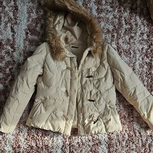Tahari Beige Hooded Puffer Jacket